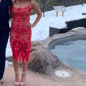 Bcbg red lace pencil dress with beige lining